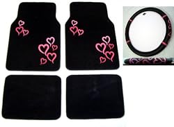 - 	 Pink Hearts Combo - Front & Rear Carpet Floor Mats & Steering Wheel Cover