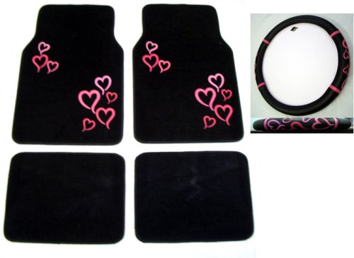 Pink Hearts Combo - Front & Rear Carpet Floor Mats & Steering Wheel Cover