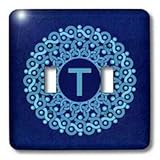 IMAGE OF Jaclinart Monogram Vintage Mandala Damask Grunge - Monogram T blue hued mandala on royal blue muted grunge damask - Light Switch Covers - double toggle switch