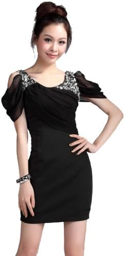 YYZ Womens V-Neck Short Sleeve Polyamide Chiffon Solid Pencil Skirts with Sequin-XL-Black