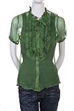 Poppy Garden 100% Silk Tuxedo Ruffle Bib Tie Neck Sheer Crinkled Blouse Top Green L
