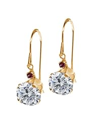 2.05 Ct Round H/I Diamond Red Rhodolite Garnet 14K Yellow Gold Earrings