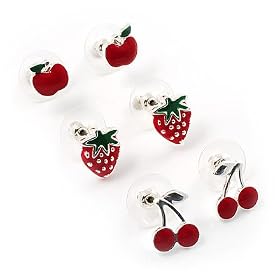 Silver-Tone Fruity Stud Earring Set (Apple, Strawberry & Cherry)