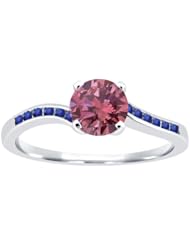 0.87 Ct Round Pink Diamond Blue Sapphire 14K White Gold Ring