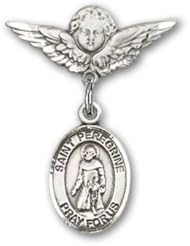 Sterling Silver Baby Badge with St. Peregrine Laziosi Charm and Angel with Wings Badge Pin