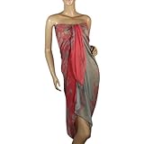 IMAGE OF Polyester Vintage Style Wild Rose Garden Two Tone Sheer Long Scarf Shawl Sarong - Red and Gray