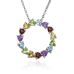 Sterling Silver Multi-Gemstone Heart Circle Pendant, 18"