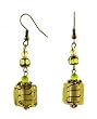 Earrings - E302 - Murano Style Glass - Sm Square ~ Green-Gold