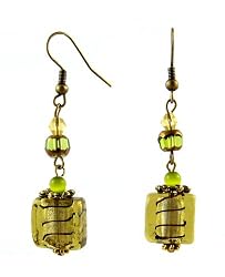 Earrings - E302 - Murano Style Glass - Sm Square ~ Green-Gold