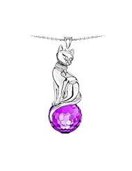 Original Star K (tm) Large Cat Pendant with 10mm Simulated Amethyst faceted Ball in 925 Sterling Silver
