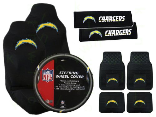 9 Piece NFL Gift Set - 4 Universal-Fit Molded Rubber Floor Mats and 2 Universal-Fit Seat Covers and 2 Seat Belt Shoulder Pads and Rubber Grip Steering Wheel Cover - San Diego Chargers