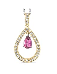Twin Pear Shaped Diamond Pendant In 18K Yellow Gold With A 0.60 ct. Genuine Pink Tourmaline Center Stone.