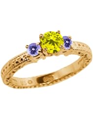0.79 Ct Round Canary Diamond Blue Tanzanite 18K Yellow Gold 3-Stone Ring