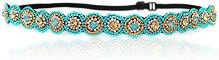 Turquoise Blue Rhinestone Headband, Fashion, Bohemian, Beach, Rhinestones Adjustable Stretch Band