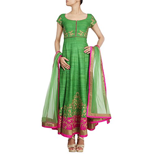 Seema Gujral designer wear green anarkali spruced with hints of pink and tilla work by Kimaya