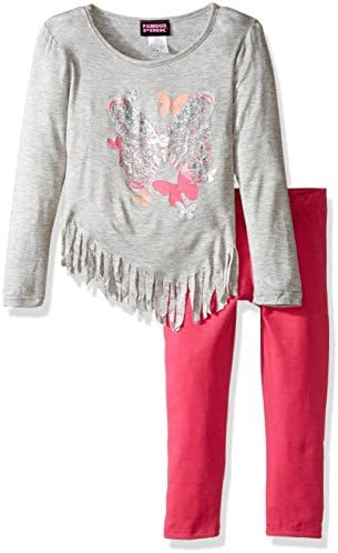 Kidz Concepts Girls' Toddler Girls' L/s Fringe Top with Screen Print Legging Set, Heather Gray/Fuchsia, 3T