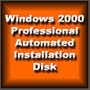 Automated Installation Disk for Microsoft Windows 2000 Pro Professional Edition SP1 SP2 SP3 SP4 that will repartition and format hard drive and perform clean unattended install to remove virus and software problems, repair and renew your computer.