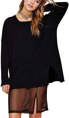 Stylebek Women's Loose Fashion Crew Neck Long Sleeve Tulle Knitted Dress Black L
