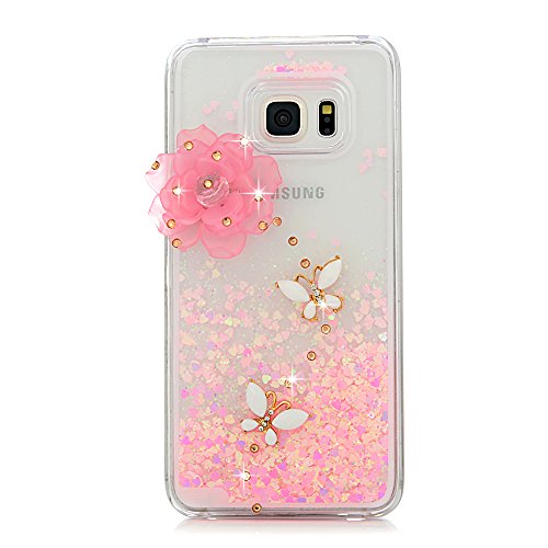 Galaxy S6 Edge Plus Case - Mavis s Diary 3D Bling Handmade Fancy Pink Love Heart Flowing Liquid with Lovely Flower White Butterfly Shiny Diamonds Clear Hard Cover for Samsung Galaxy S6 Edge Plus G9280