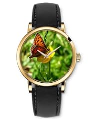 SPRAWL Aanalog Fashion Series Gold Ladies Watches of Genuine Black Leather Strap,Unique Wrist Watch for Women Girls Designed with Butterfly yellow flowers