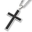 Black Carbon Fiber and Polished Stainless Steel Cross Necklace on 24 Inch Chain