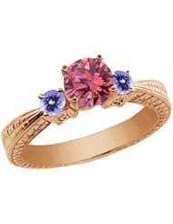 0.99 Ct Round Pink Diamond Blue Tanzanite 18K Rose Gold 3-Stone Ring