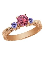 0.99 Ct Round Pink Diamond Blue Tanzanite 14K Rose Gold 3-Stone Ring