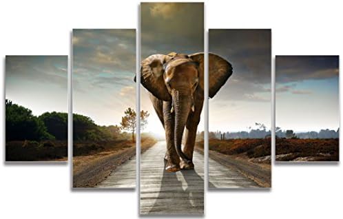 SUTEGISUPE Elephant 5 Panels Modern Giclee Canvas Prints Animals Landscape Artwork Picture to Photo Paintings on Canvas Wall Art Decor for Living Room Bedroom Home Decorations