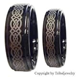 His & Her's 8MM/6MM Black Tungsten Carbide Wedding Band Ring Set w/Laser Etched Celtic Design (Available Sizes 4-14 Including Half Sizes)