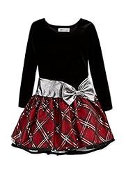 Girls Plaid Print   Shirred Polyester/Spandex  Dress With a Bow(s) and Rhinestones