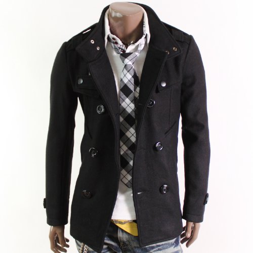 Herren Casual Double PEA Wolle Half Trenchcoat Jacke XXL(52) Schwarz(868)