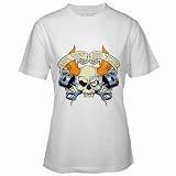 Women's White T-Shirt of Live Fast Die Young Skull Flames and Pistons (Harley Davidson, Hog, Motorcycle Riding, Bike Riding, West Coast Choppers, Orange County Choppers, American Chopper)