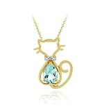 18K Gold over Sterling Silver Blue Topaz & Diamond Accent Filigree Cat Slide Pendant