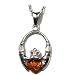 Certified Genuine Honey Amber and Sterling Silver Claddagh Celtic Irish Pendant on Italian Sterling Silver Rolo Chain, 18