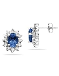 7X5mm Oval Shaped Sapphire and Diamond Flower Earrings in 14k White Gold