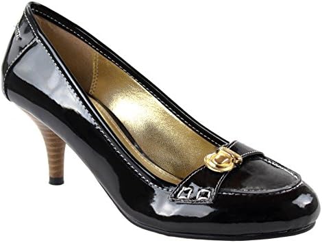 Karolyn Shoes Women's Brenda-4 Black Patenet Leather Kitten Heel Pumps with Decorative Button on Front End 5.5 D(M) US