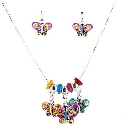 Multi Colored Handpainted Silver-plated Butterfly Charms Necklace and Earrings Set Fashion Jewelry