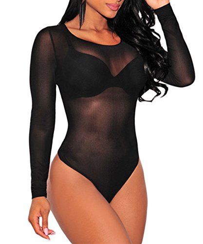 Grace's Secret Women's O-Neck Long Sleeves See Through Sheer Mesh Bodysuit