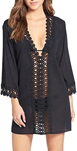 Women Fashion Lace Crochet Bikini Cover Up Sheer Swimwear Dress (Black)