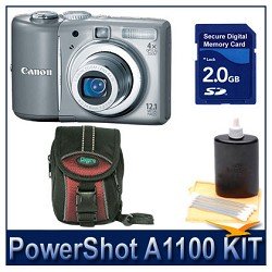 Canon PowerShot A1100IS 12.1 MP Digital Camera with 4x Optical Image Stabilized Zoom and 2.5-inch LCD (Silver) Executive Kit With 2GB SD Memroy Card - Carrying Case and Cleaning Kit