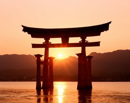 《オリジナルプリント》厳島神社の大鳥居夕景（広島県/宮島町）〔世界遺産・厳島神社〕