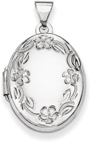 14k White Gold 21mm Oval Leaf Floral Scroll Border H/Eng Locket, Pendant, Pendants for Necklace