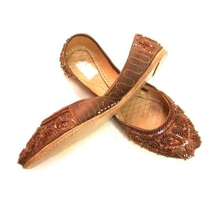 Beachcombers! Ethnic Embellished Silk Beaded & Sequin Indian Khussa Belly Dance Wedding Bridal Shoes Brown