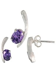 Sterling Silver Fancy Kink Earrings (12mm tall) & Pendant (16mm tall) Set, w/ Oval Cut Amethyst-colored CZ Stones