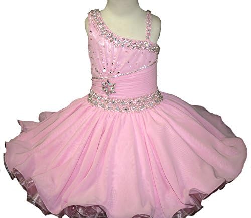 DFEC One Shoulder Beads Short Girls Cupcake Pageant Gowns Tutu Dresses 1 US Pink