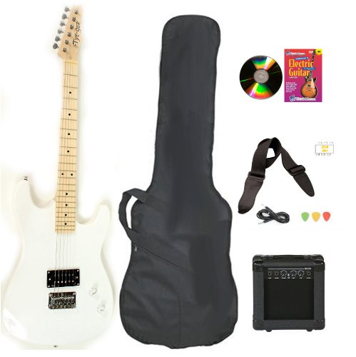 White Full Size Electric Guitar & Practice Amp with Case Strap Cord Beginner Package & DVD