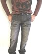 Etzo Premium Denim Mens Black Jeans Dragon Embroidery Pockets, Low Rise, Button Front Boot Cut