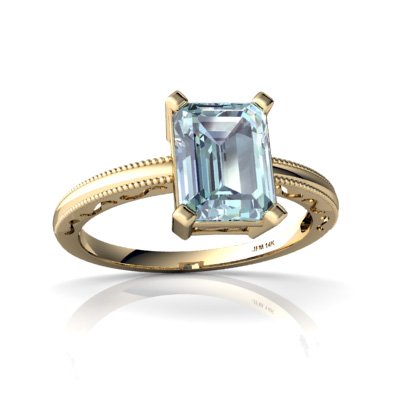 14K Yellow Gold Emerald-cut Genuine Aquamarine Milgrain Ring Size 7.5