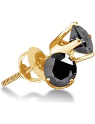 10K Yellow Gold Round Brilliant Cut Black Diamond - Classic Traditional 1 One Single Stone Solitaire Shape Prong Set Studs Earrings with Secure Screw Back Closure - (3.00 cttw.)