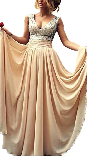 Babyonline® Sexy Lady's Deep V-neck Sequins Top Chiffon Long Prom Dress Ball Gown